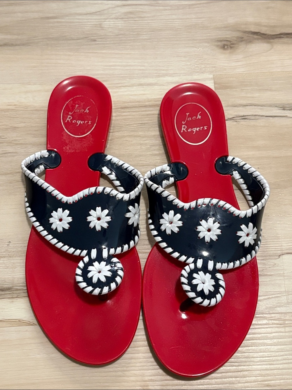 Jack Rogers Jacks Jelly Whipstitch Thong Sandals Red Navy White Size 8 summer